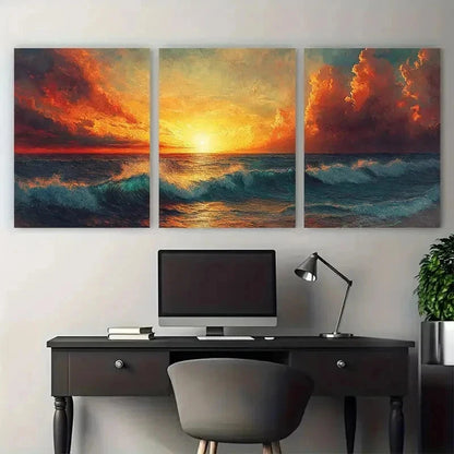 3pcs Vibrant Ocean Waves & Cloudy Sky Perfect Wall Art Set Canvas Framed 50x70cm - High Quality Print 100% Australian Made Wall Canvas Ready to Hang
