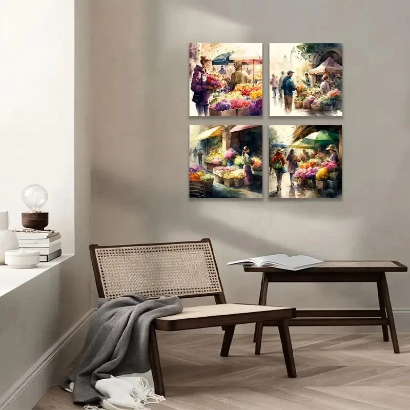 4pcs  Vibrant Flower Market Print Set - Botanical Wall Art Canvas Framed