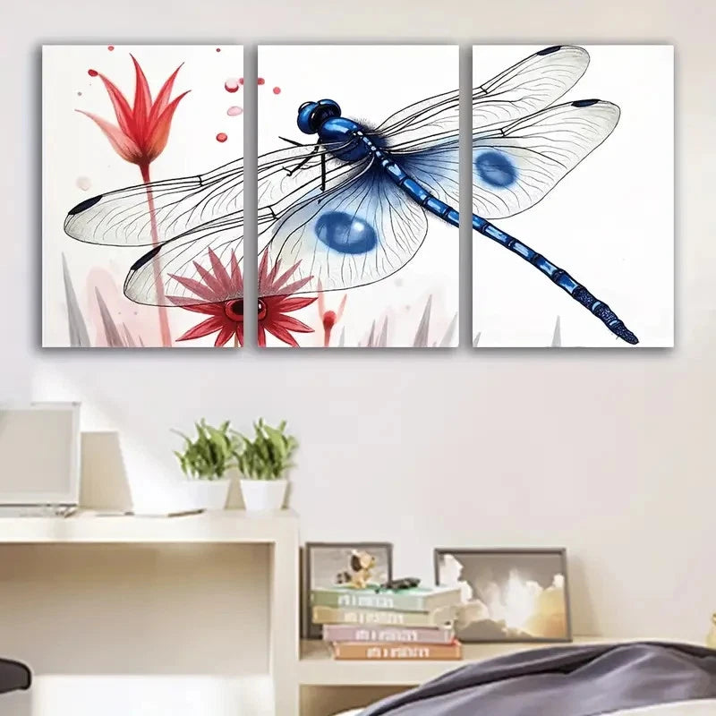 3pcs Blue Dragonfly Abstract Painting Art Wall Art Set Canvas Framed 50x70cm - High Quality Print 100% Australian Made Wall Canvas Ready to Hang - Bella Home Decor