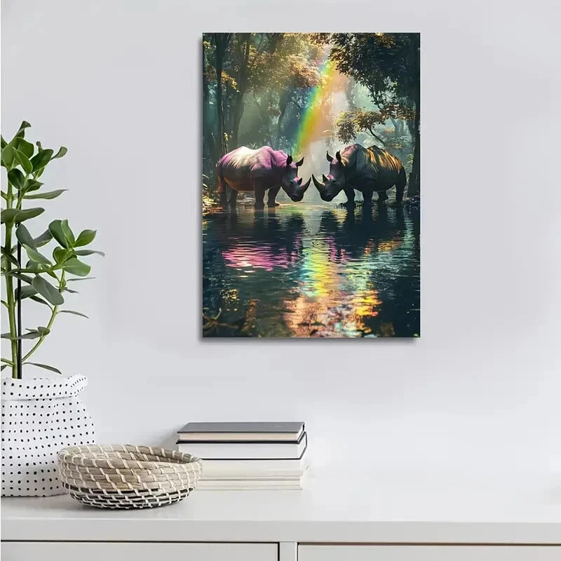 Magical Forest Scene with Rhinos and Rainbow 40x60cm Metal Print Ready to Hang - Bella Home Decor