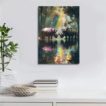 Magical Forest Scene with Rhinos and Rainbow 40x60cm Metal Print Ready to Hang - Bella Home Decor