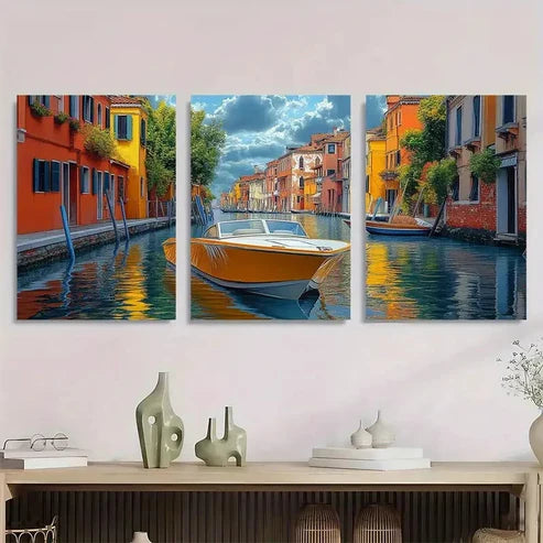 3pcs Venice Canal Colorful Waterfront Wall Art Set Canvas Unframed - High Quality Print 100% Australian Made Wall Canvas