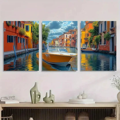 3pcs Venice Canal Colorful Waterfront Wall Art Set Canvas Unframed - High Quality Print 100% Australian Made Wall Canvas