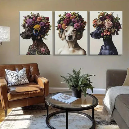 3pcs Floral Dog Portrait Crowns Adorable Wall Art Canvas Unframed - High Quality Print 100% Australian Made Wall Canvas