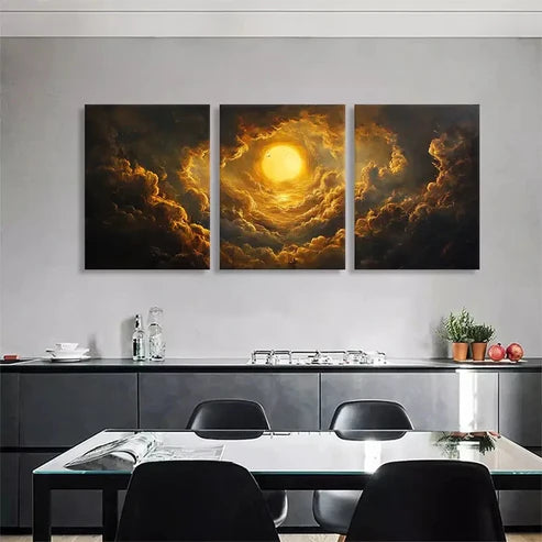3pcs Dramatic Golden Sun and Clouds Perfect Wall Art Canvas Unframed - High Quality Print 100% Australian Made Wall Canvas - Bella Home Decor