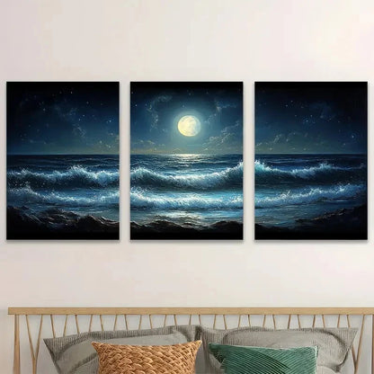 3pcs The Ocean Waves Under The Moon  Wall Art Set Canvas Framed 60x90cm - High Quality Print 100% Australian Made Wall Canvas Ready to Hang - Bella Home Decor