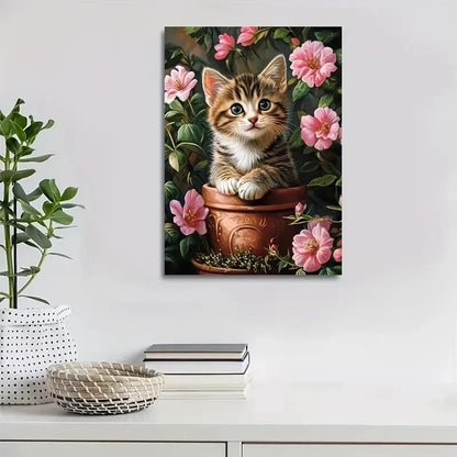 Adorable American Shorthair Kitten with Pink Flowers 40x60cm Metal Print Ready to Hang - Bella Home Decor