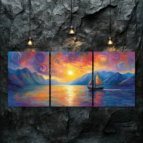 3pcs Boat Navigating On The River Perfect Wall Art Canvas Unframed - High Quality Print 100% Australian Made Wall Canvas - Bella Home Decor