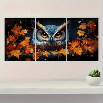 3pcs Halloween Owl Autumn Leaves Metal Print Ready to Hang Art - Bella Home Decor