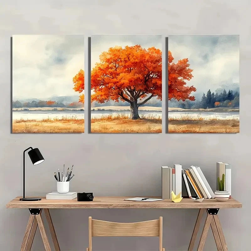 3pcs Autumn Color Art Neutral Oak Tree Perfect Wall Art Set Canvas Framed 40x60cm - High Quality Print 100% Australian Made Wall Canvas Ready to Hang - Bella Home Decor