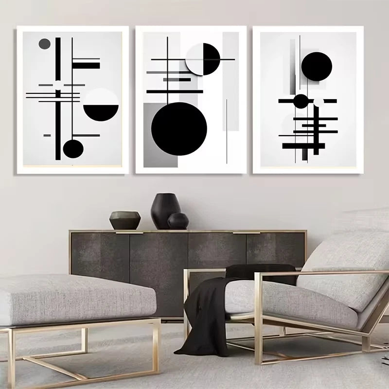 3pcs Bauhaus Black and White Geometric  Wall Art Set Canvas Framed 40x60cm - High Quality Print 100% Australian Made Wall Canvas Ready to Hang - Bella Home Decor