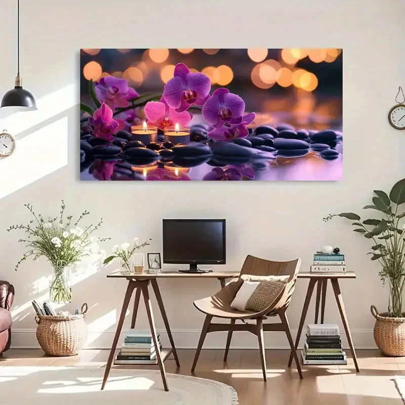 Purple Orchid Candlelight Water Wall Art Canvas Office Home Room Framed 120x60cm - Bella Home Decor