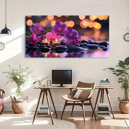 Purple Orchid Candlelight Water Wall Art Canvas Office Home Room Framed 120x60cm - Bella Home Decor