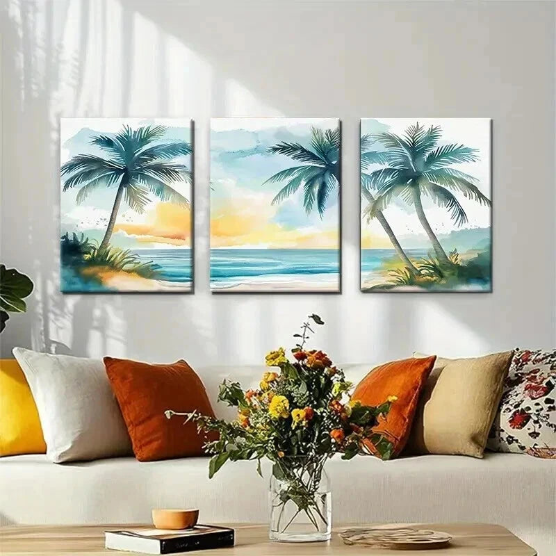 3pcs Tropical Palm Trees Theme Beach Decor Wall Art Set Canvas Framed 60x90cm - High Quality Print 100% Australian Made Wall Canvas Ready to Hang