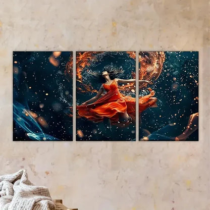 3pcs Woman in Red Dress Floating in Space Wall Art Set Canvas Unframed - High Quality Print 100% Australian Made Wall Canvas