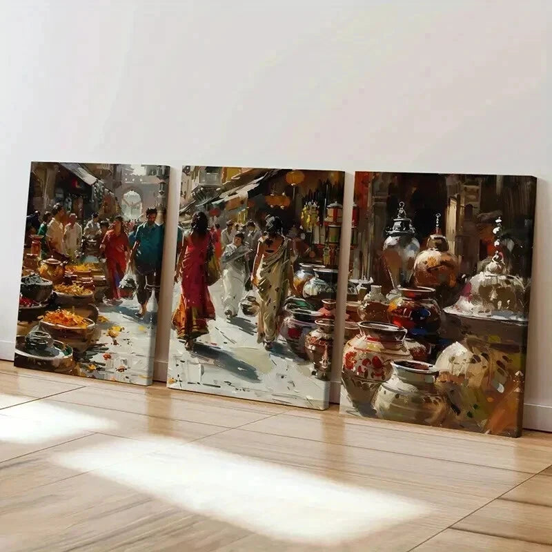 3pcs Indian Market Colorful Pottery Wall Art Set Canvas Framed 40x60cm - High Quality Print 100% Australian Made Wall Canvas Ready to Hang - Bella Home Decor