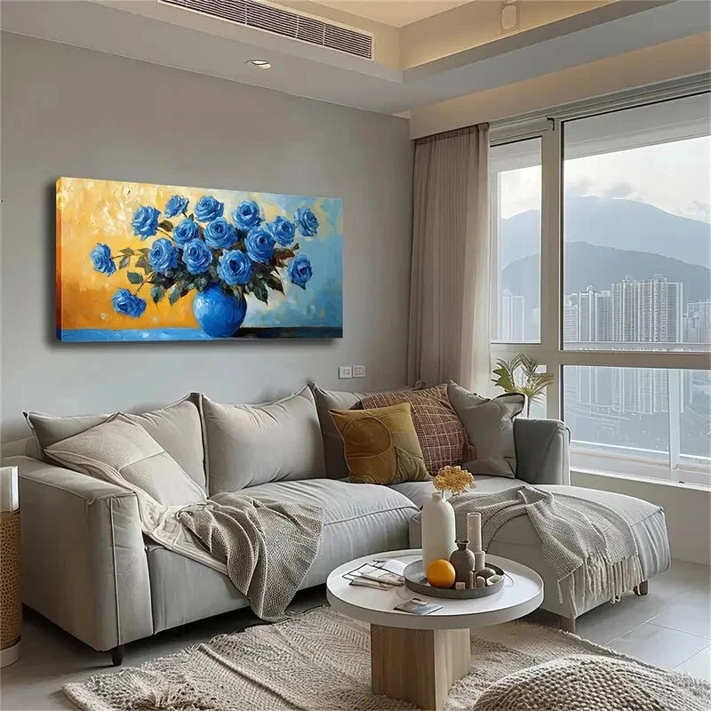 Vibrant Blue Roses In Vase Wall Art Canvas Office Home Room Framed 120x60cm - Bella Home Decor