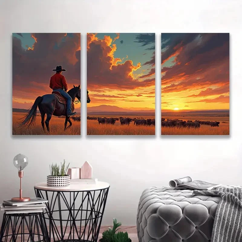 3pcs Western Cowboy Sunset ART    Wall Art Set Canvas Framed 50x70cm - High Quality Print 100% Australian Made Wall Canvas Ready to Hang - Bella Home Decor