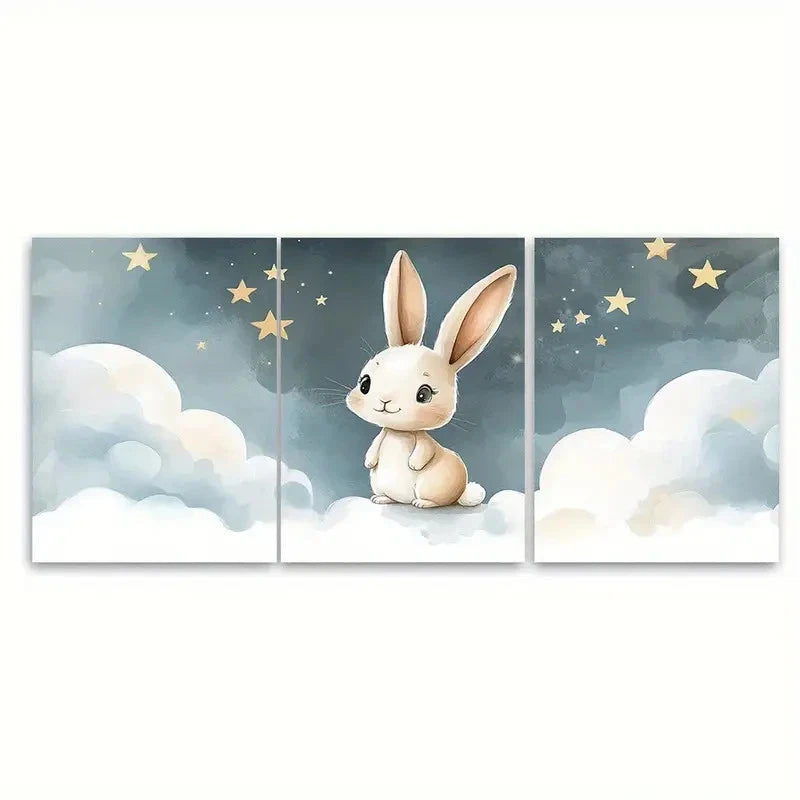 3pcs Cute Cartoon Bunny Watercolor Art V  Wall Art Set Canvas Framed 60x90cm - High Quality Print 100% Australian Made Wall Canvas Ready to Hang - Bella Home Decor