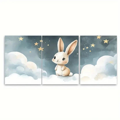 3pcs Cute Cartoon Bunny Watercolor Art V  Wall Art Set Canvas Framed 60x90cm - High Quality Print 100% Australian Made Wall Canvas Ready to Hang - Bella Home Decor
