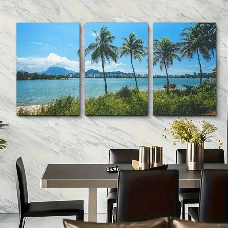 3pcs Palm Trees & Ocean View Decor Perfect Wall Art Set Canvas Framed 50x70cm - High Quality Print 100% Australian Made Wall Canvas Ready to Hang