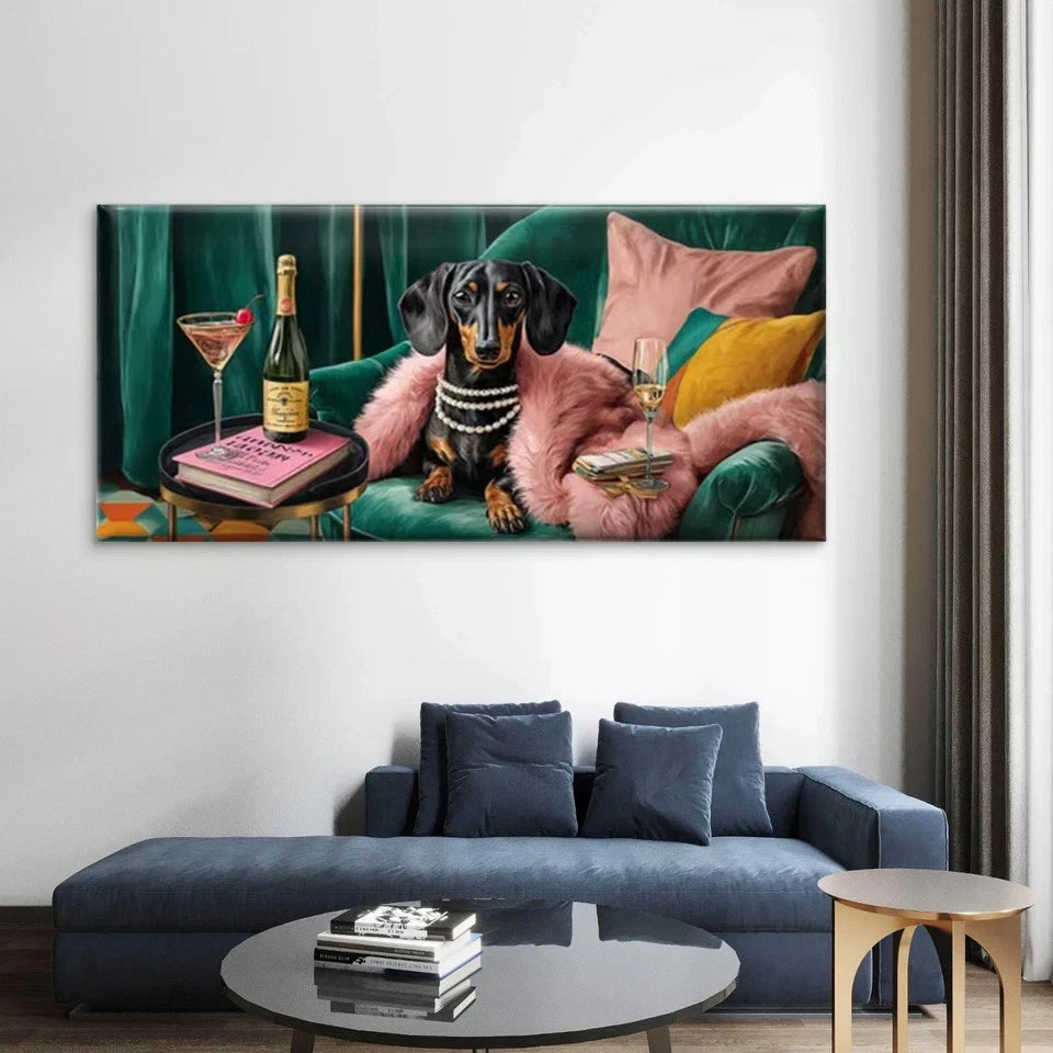 Dachshund in Pink Fur Wall Art Canvas Office Home Room Framed 120x60cm