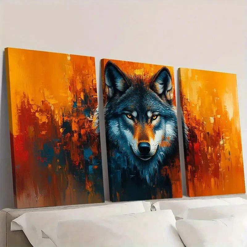 3pcs Wolf Vibrant Native American Paintings Wall Art Set Canvas Framed 50x70cm - High Quality Print 100% Australian Made Wall Canvas Ready to Hang