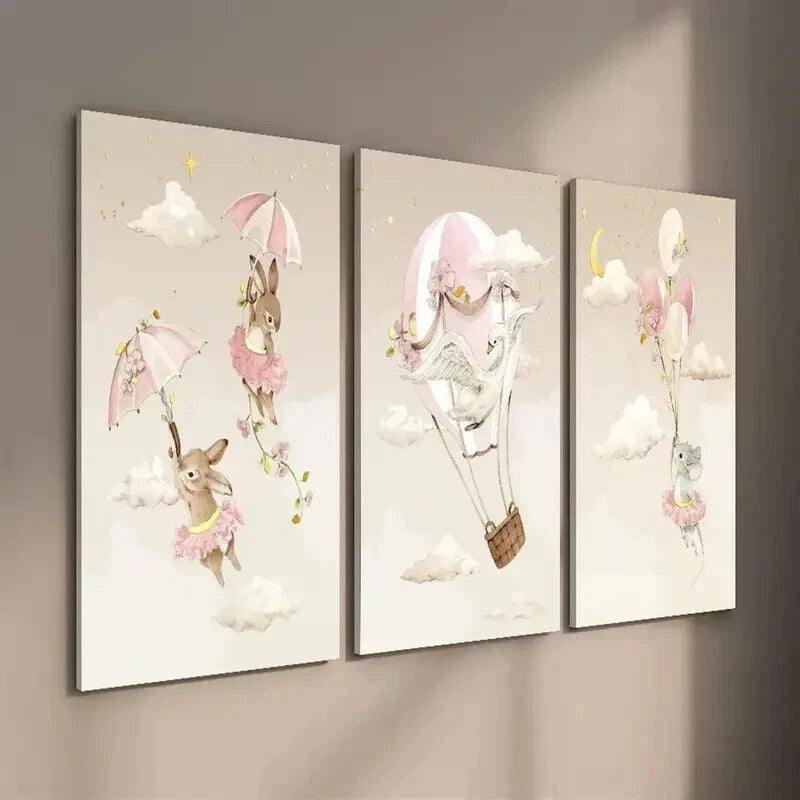 3pcs Swan Rabbit & Mouse on Hot Air Balloon Wall Art Set Canvas Framed 60x90cm - High Quality Print 100% Australian Made Wall Canvas Ready to Hang