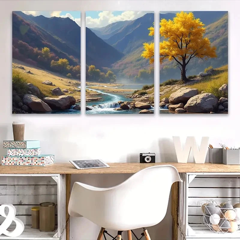 3pcs Autumn River Landscape Wall Art Set Canvas Framed 60x90cm - High Quality Print 100% Australian Made Wall Canvas Ready to Hang - Bella Home Decor