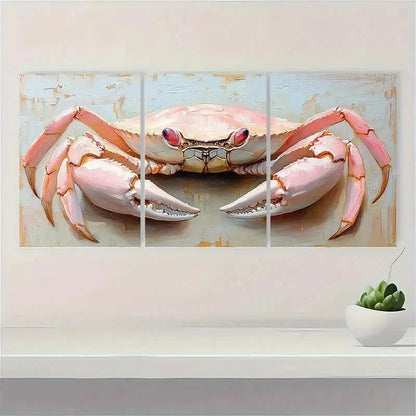 3pcs Crab Animal Painting Beige Pink EI Wall Art Set Canvas Framed 50x70cm - High Quality Print 100% Australian Made Wall Canvas Ready to Hang - Bella Home Decor