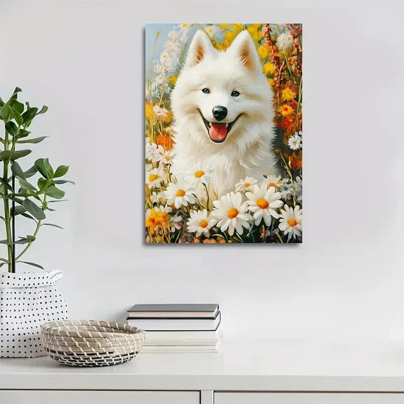 Cute Samoyed Dog with Vibrant Flowers Painting 40x60cm Metal Print Ready to Hang - Bella Home Decor