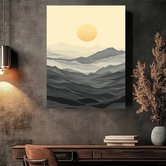 Beautiful Abstract Mountain Sunset Vintage Painting 40x60cm Metal Print Ready to Hang