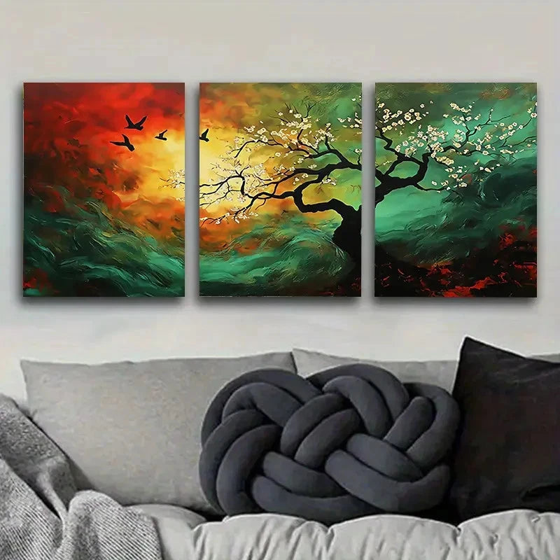 3pcs Abstract Tree with Birds Wall Art Set Canvas Framed 50x70cm - High Quality Print 100% Australian Made Wall Canvas Ready to Hang - Bella Home Decor