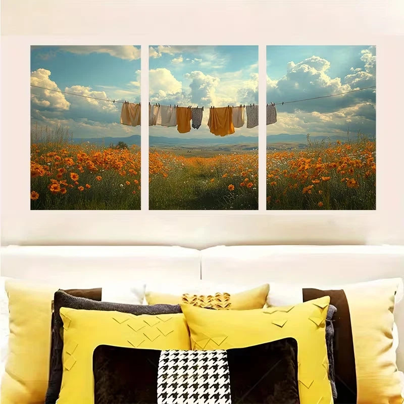 3pcs Rustic Clothesline Field Landscape w  Wall Art Set Canvas Framed 50x70cm - High Quality Print 100% Australian Made Wall Canvas Ready to Hang