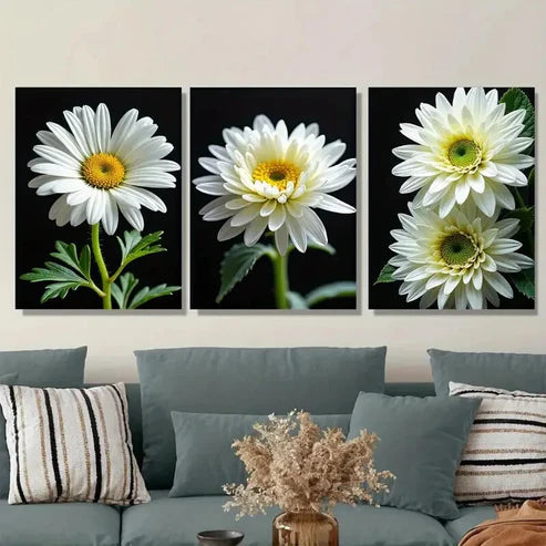 3pcs White Daisy Floral Modern Flower Painting Wall Art Set Canvas Unframed - High Quality Print 100% Australian Made Wall Canvas