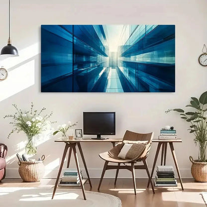 Symmetrical Blue Glass Light Wall Art Canvas Office Home Room Framed 120x60cm - Bella Home Decor