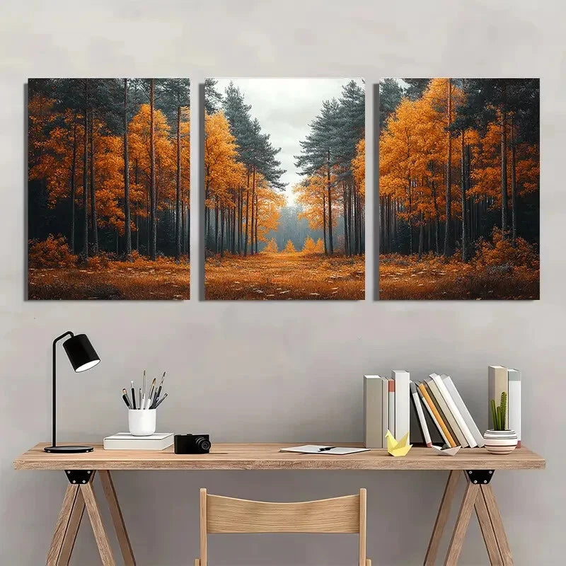 3pcs Serene Pine Tree Forest Autumn Metal Print Ready to Hang Art - Bella Home Decor