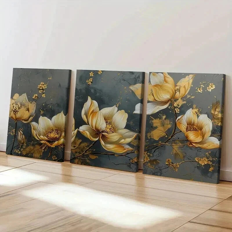 3pcs Elegant Golden Floral Decoration Wall Art Set Canvas Framed 50x70cm - High Quality Print 100% Australian Made Wall Canvas Ready to Hang - Bella Home Decor
