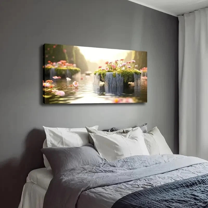 Waterfall & Blooming Flowers Wall Art Canvas Office Home Room Framed 120x60cm - Bella Home Decor
