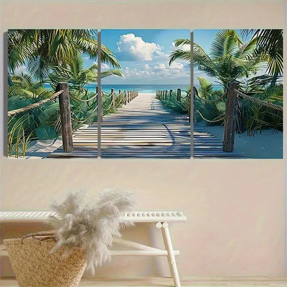 3pcs Tropical Beach Boardwalk Art Vintage Wall Art Set Canvas Framed 40x60cm - High Quality Print 100% Australian Made Wall Canvas Ready to Hang