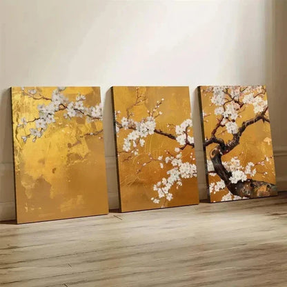 3pcs Japanese Cherry Blossom Golden Wall Art Set Canvas Unframed - High Quality Print 100% Australian Made Wall Canvas