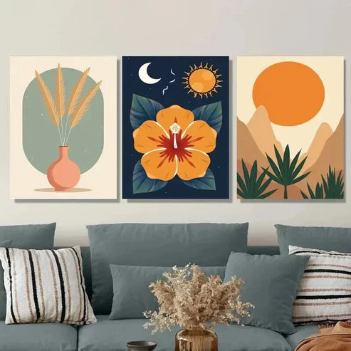 3pcs Boho Style Modern Tropical Flower & Abstract Wall Art Set Canvas Unframed - High Quality Print 100% Australian Made Wall Canvas - Bella Home Decor