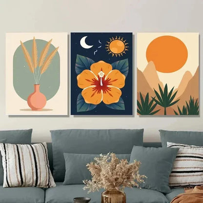 3pcs Boho Style Modern Tropical Flower & Abstract Wall Art Set Canvas Unframed - High Quality Print 100% Australian Made Wall Canvas - Bella Home Decor