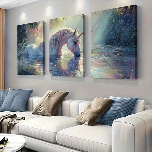 3pcs Mystical Unicorn Enchanted Fantasy Forest Wall Art Set Canvas Unframed - High Quality Print 100% Australian Made Wall Canvas