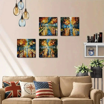 4pcs Colorful Autumn Scenes With Reflective Wall Art Canvas Framed