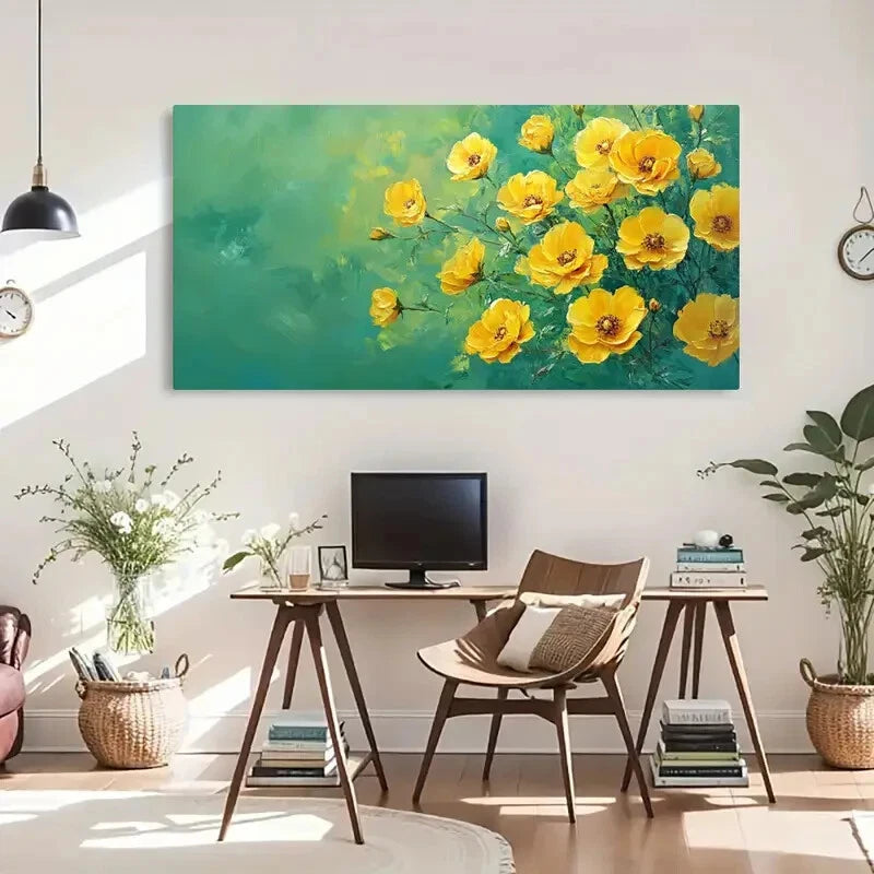 Summer Nature Green & Yellow Wall Art Canvas Office Home Room Framed 120x60cm - Bella Home Decor