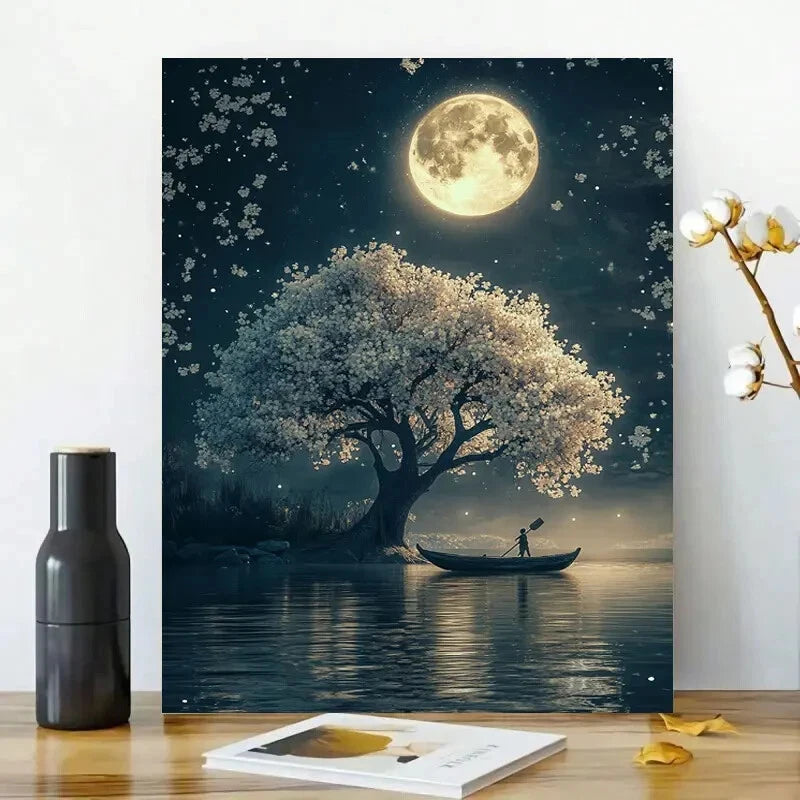 Moon Shines on The Water, an Ancient Man Rows 40x60cm Metal Print Ready to Hang