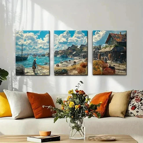 3pcs Serene Fisherman's Shoreline Scene Boats Wall Art Canvas Unframed - High Quality Print 100% Australian Made Wall Canvas