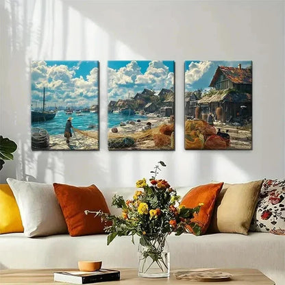 3pcs Serene Fisherman's Shoreline Scene Boats Wall Art Canvas Unframed - High Quality Print 100% Australian Made Wall Canvas