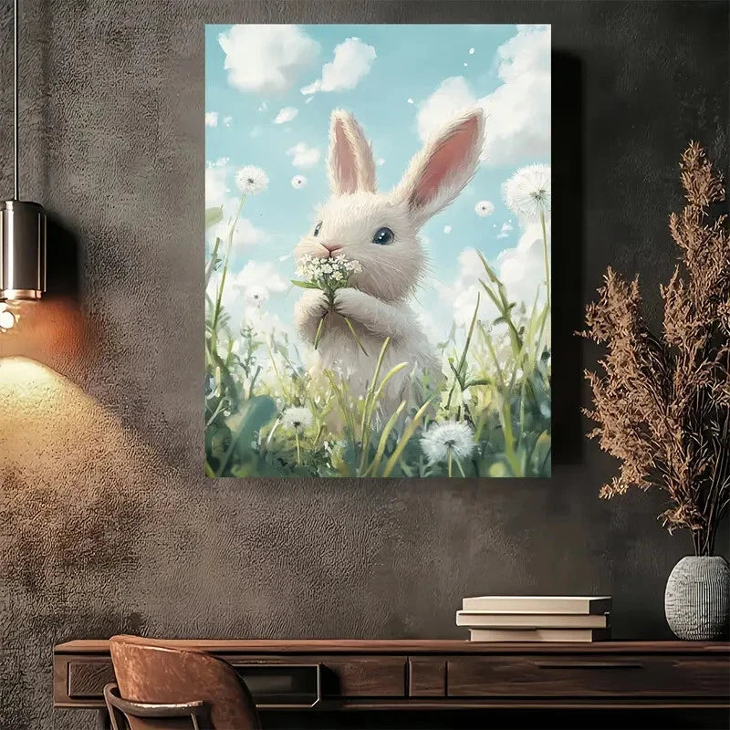 Beautiful Fluffy Bunny In Dandelion Field Painting 40x60cm Metal Print Ready to Hang - Bella Home Decor
